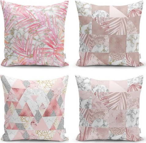 Sada 4 dekorativních povlaků na polštáře Minimalist Cushion Covers Pink Leaves