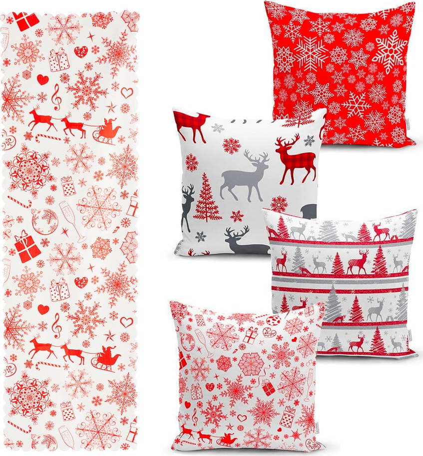 Sada 4 vánočních povlaků na polštář a běhounu na stůl Minimalist Cushion Covers Red Snowflake Minimalist Cushion Covers