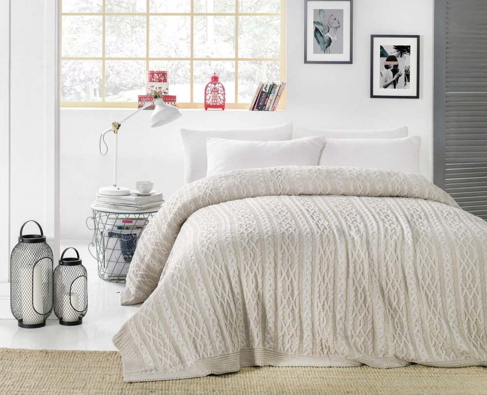 Šedobéžový přehoz přes postel s příměsí bavlny Homemania Decor Knit