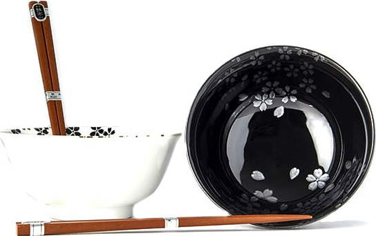 Set 2 černo-bílých keramických misek a jídelních hůlek MIJ Sakura MIJ