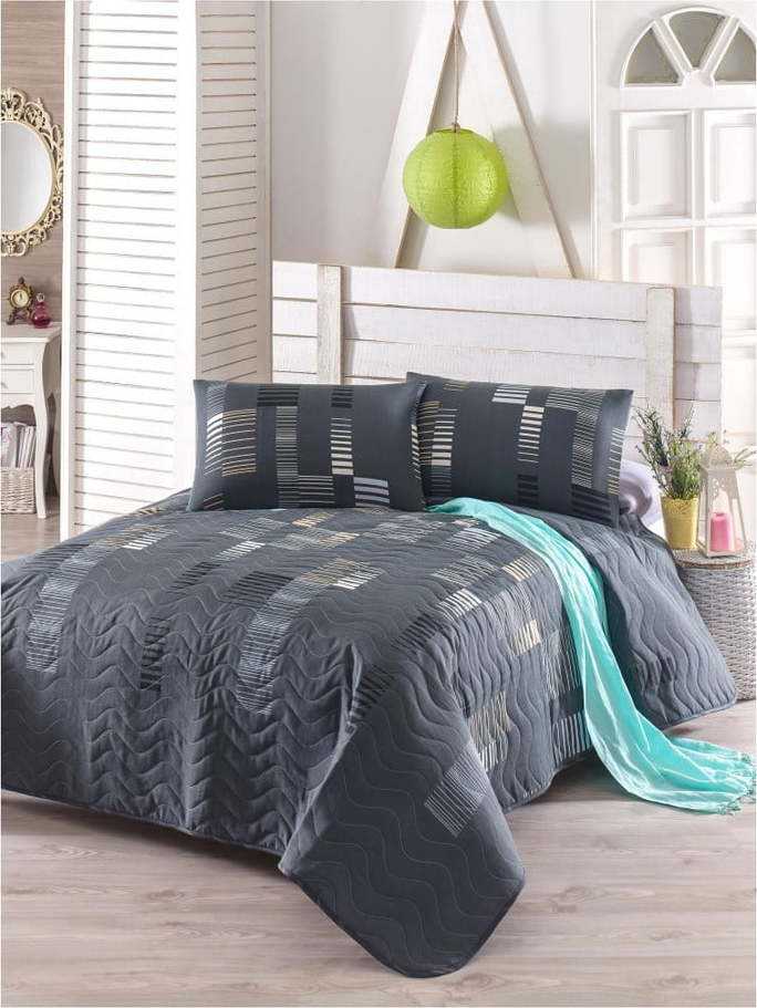 Set přehozu přes postel a povlaku na polštář s příměsí bavlny Trace Anthracite