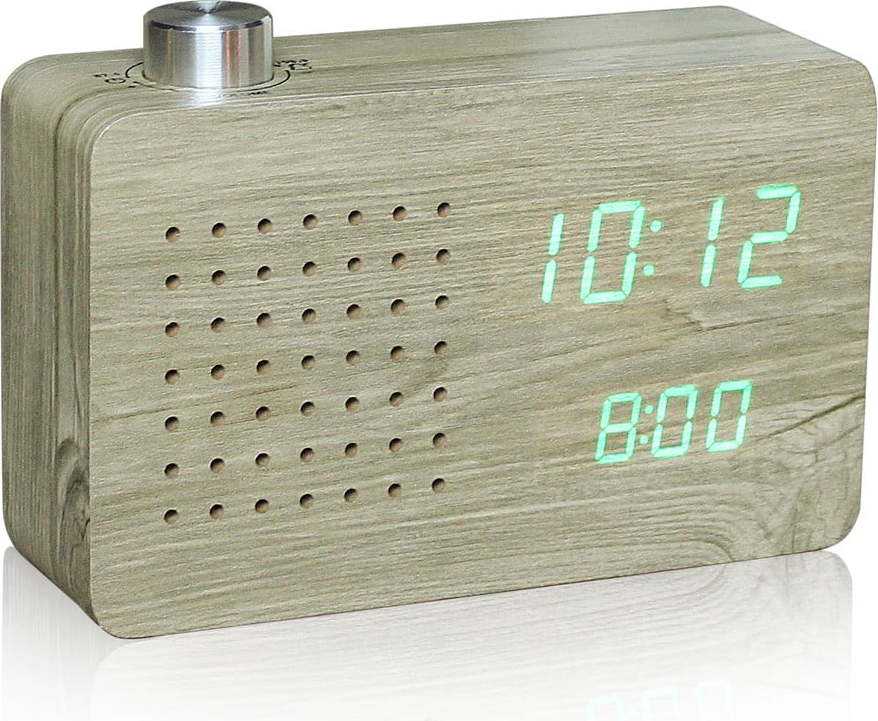 Světle hnědý budík se zeleným LED displejem a rádiem Gingko Radio Click Clock Gingko