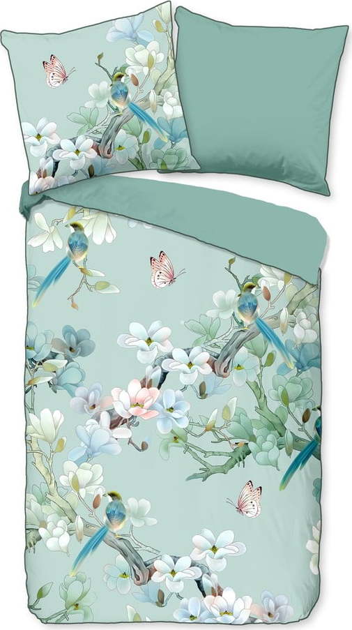 Zelené povlečení na jednolůžko z organické bavlny Descanso Flowery