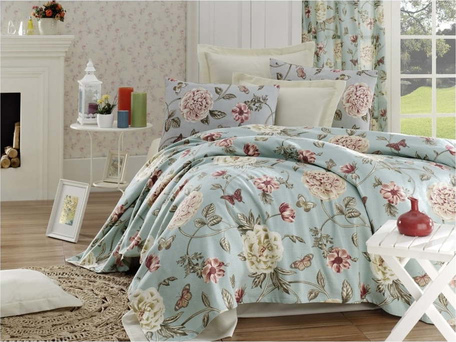 Modrý lehký bavlněný přehoz přes jednolůžko Spring