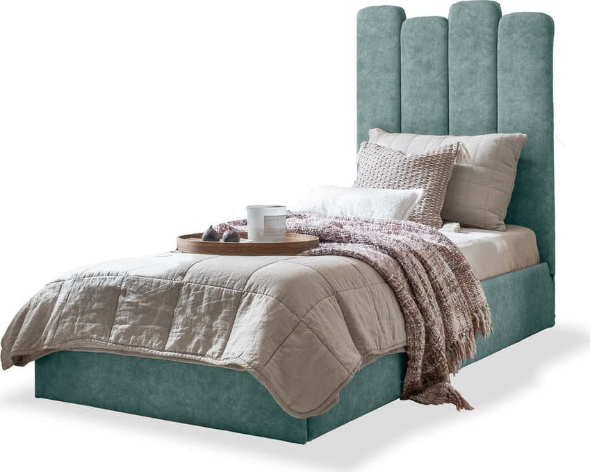 Tyrkysová čalouněná jednolůžková postel s úložným prostorem s roštem 90x200 cm Dreamy Aurora – Miuform Miuform