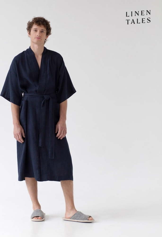 Tmavě modrý lněný župan velikost L/XL Summer – Linen Tales Linen Tales
