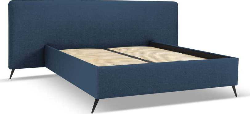 Tmavě modrá čalouněná dvoulůžková postel s úložným prostorem a roštem 140x200 cm Walter – Milo Casa Milo Casa