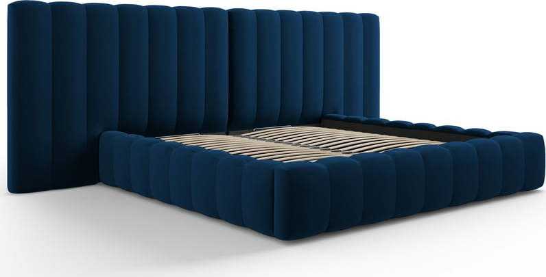 Tmavě modrá čalouněná dvoulůžková postel s úložným prostorem a roštem 180x200 cm Gina – Milo Casa Milo Casa