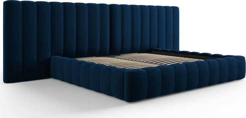Tmavě modrá čalouněná dvoulůžková postel s úložným prostorem a roštem 200x200 cm Gina – Milo Casa Milo Casa