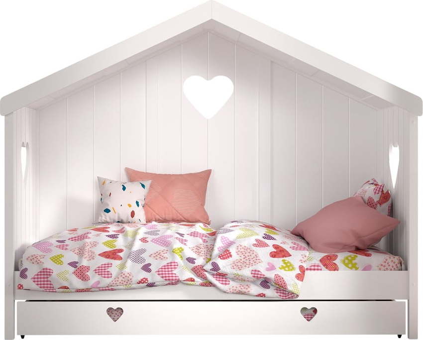 Bílá domečková dětská postel z borovicového dřeva s výsuvným lůžkem a úložným prostorem 90x200 cm AMORI – Vipack Vipack