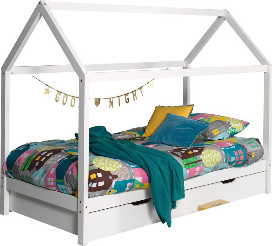 Bílá domečková dětská postel z borovicového dřeva s výsuvným lůžkem a úložným prostorem 90x200 cm DALLAS – Vipack Vipack