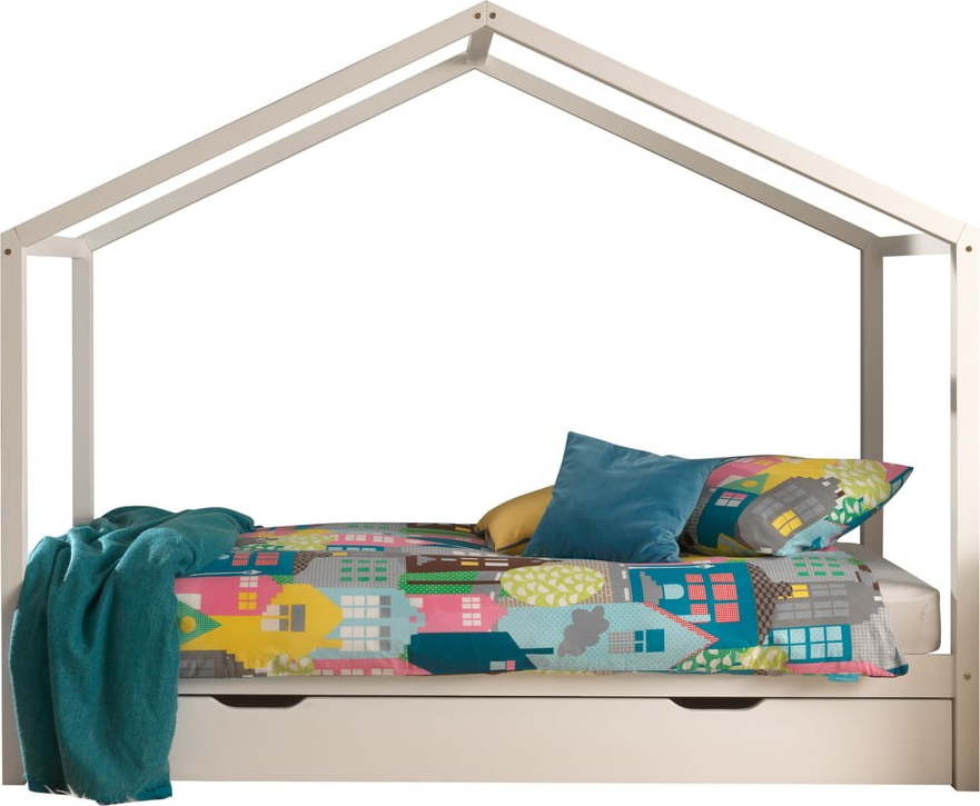 Bílá domečková dětská postel z borovicového dřeva s výsuvným lůžkem a úložným prostorem 90x200 cm DALLAS – Vipack Vipack