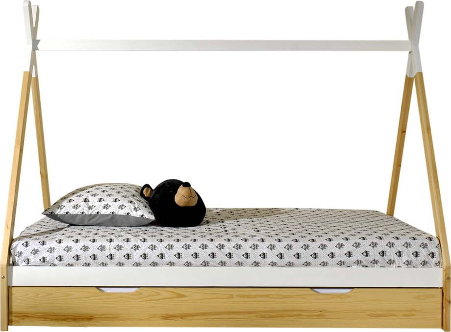 Domečková dětská postel z borovicového dřeva s úložným prostorem v bílo-přírodní barvě 90x200 cm TIPI – Vipack Vipack