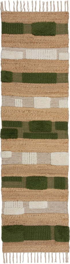 Ručně tkaný běhoun s příměsí juty v zeleno-přírodní barvě 60x230 cm Medina Blocks – Flair Rugs Flair Rugs