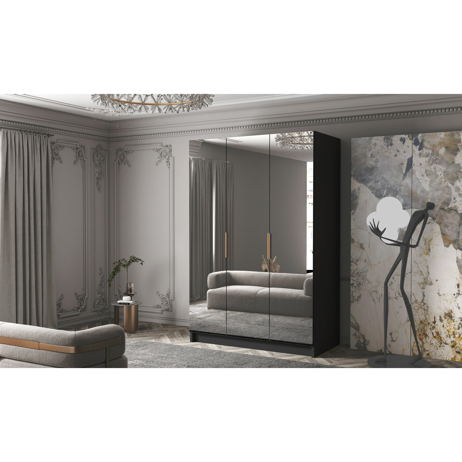 Šatní skříň CALPE 150 III - černá/zlaté úchytky ankon