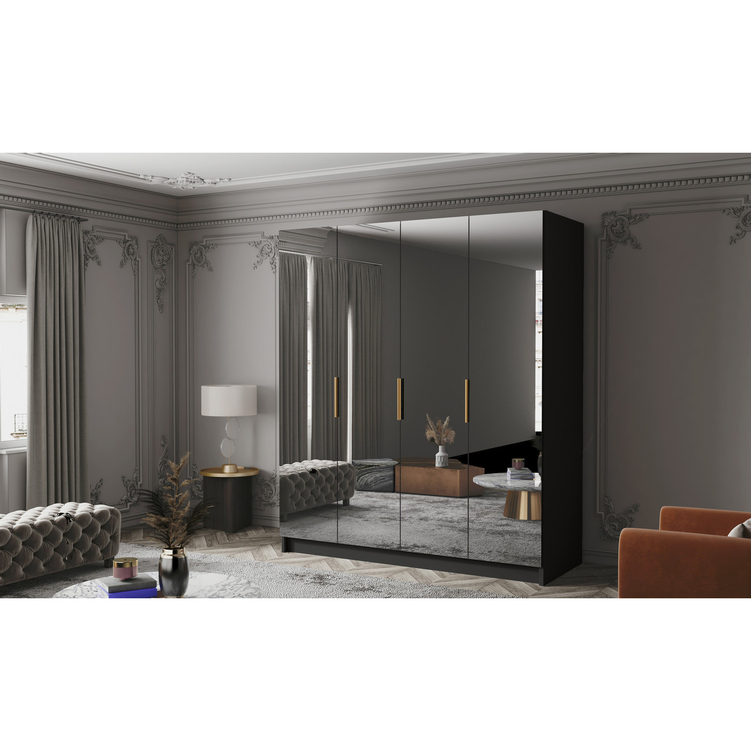 Šatní skříň SALVADOR 200 III - černá/zlaté úchytky ankon