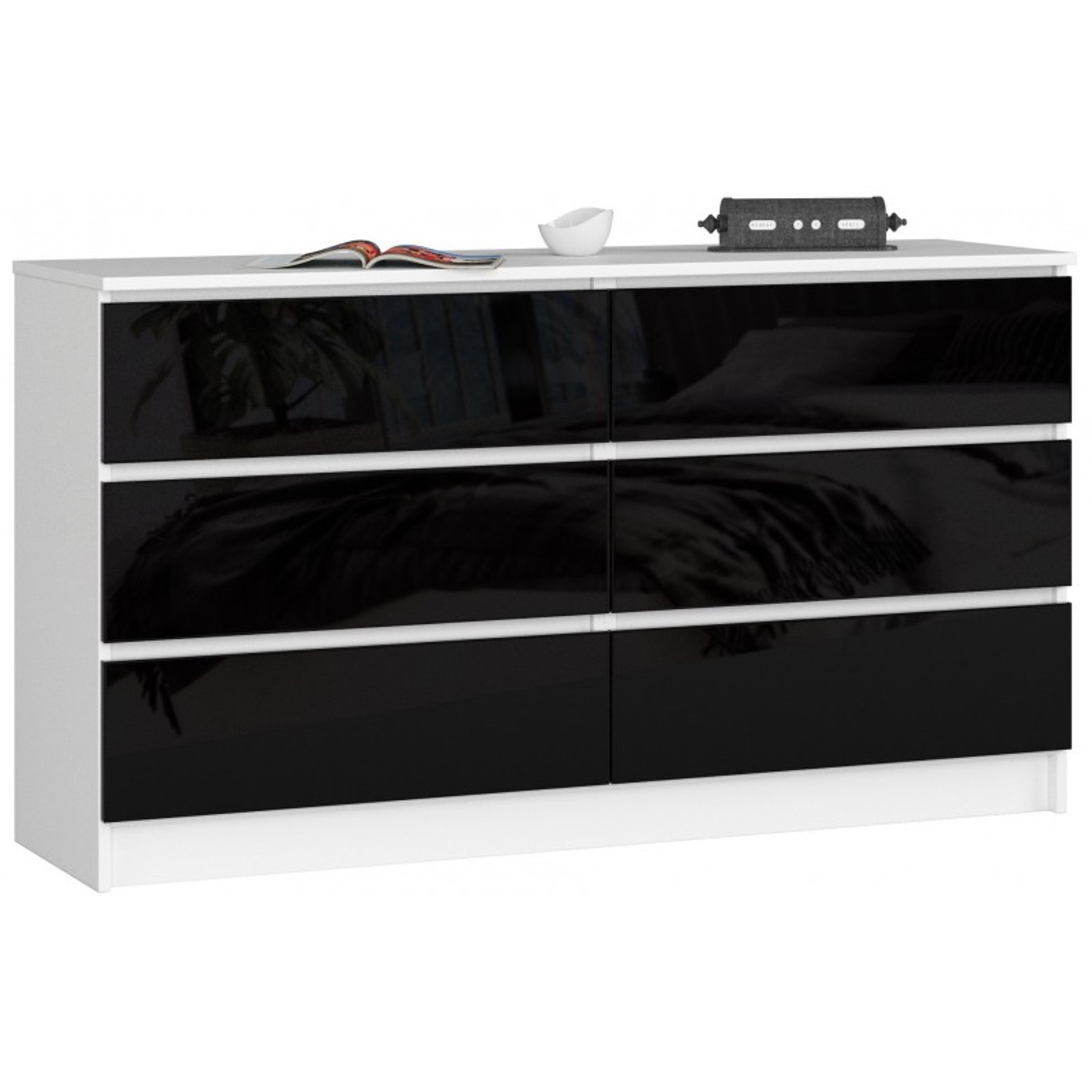 Komoda K120 6SZ CLP-bílá/černá lesk Akord