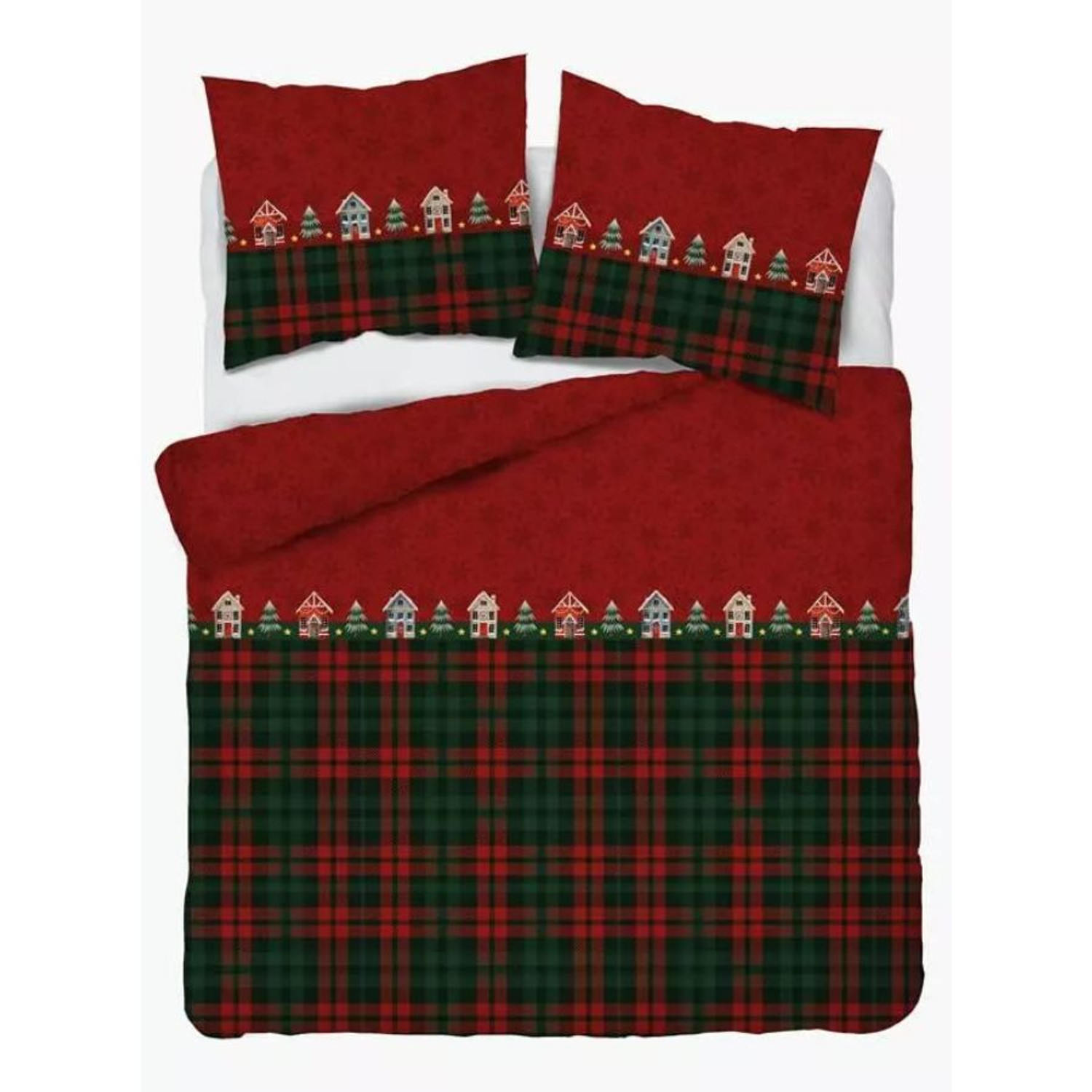Vánoční flanelové povlečení 5619 B KOUZLO VÁNOC domečky 140x200 cm KARO