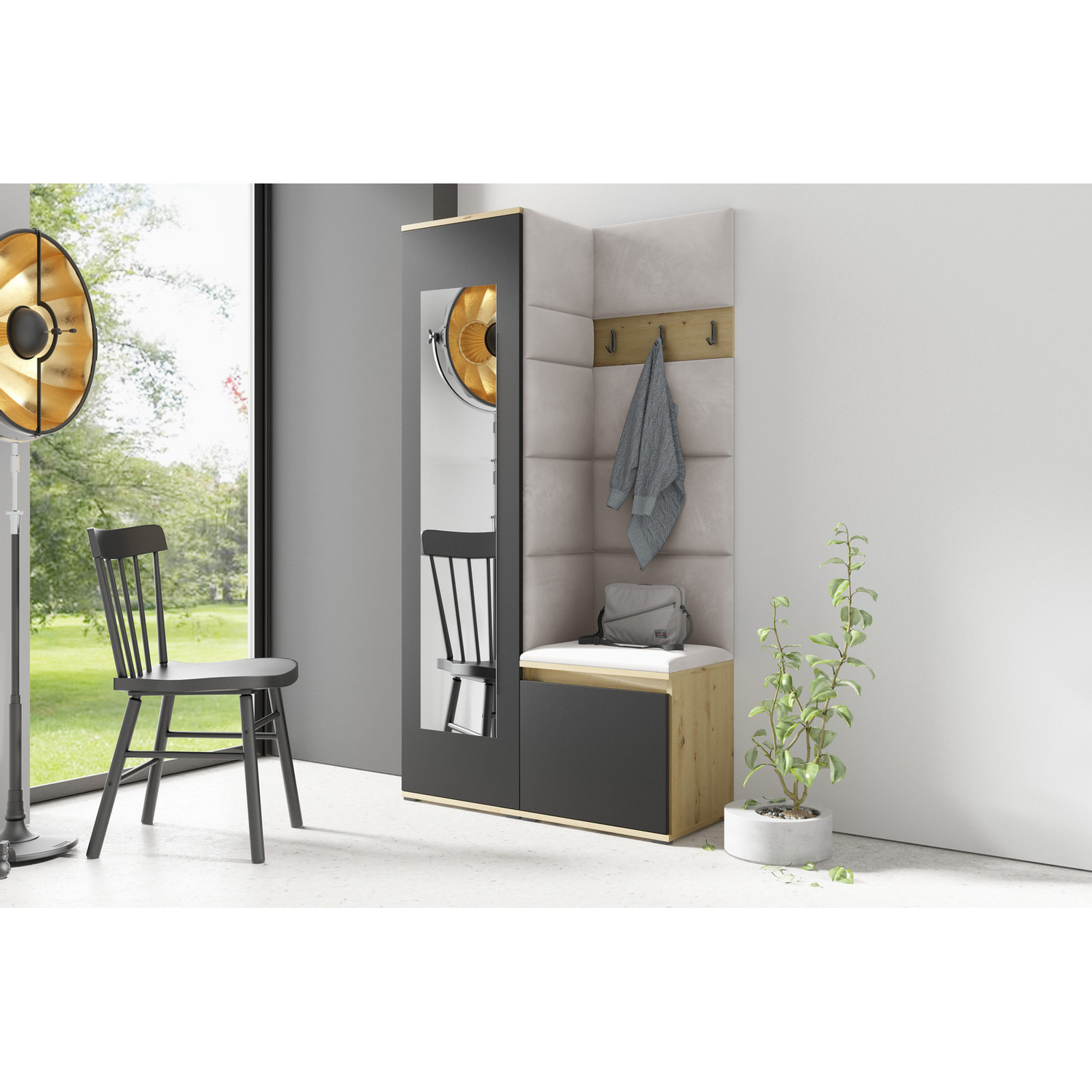 Předsíňová stěna AMI 13 Světle béžová Dub sonoma Se zrcadlem Signal-nabytek